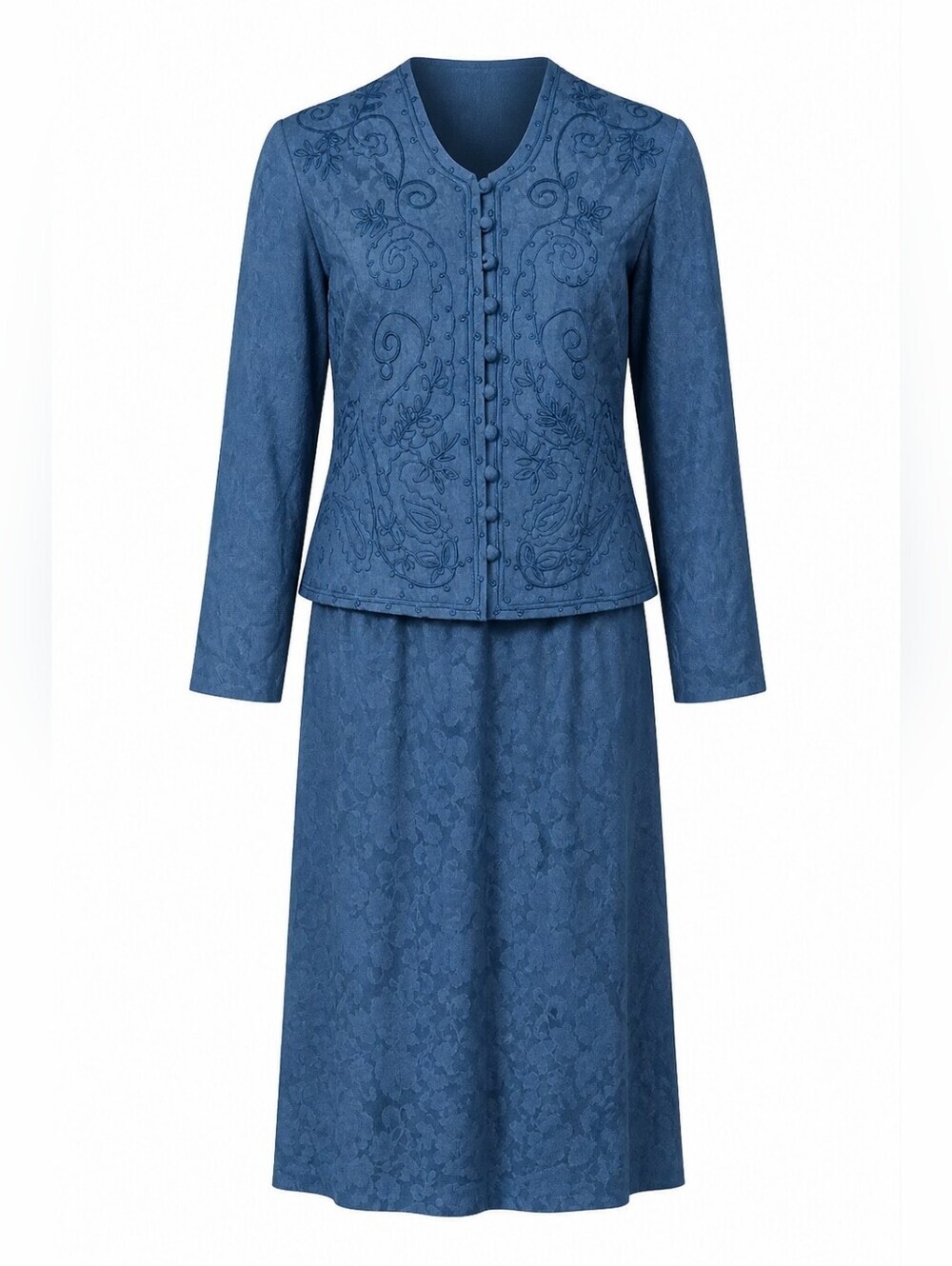 NWT VINTAGE karin stevens Dusty Blue Embroidered Midi Set Sz 16 - Picture 2 of 4